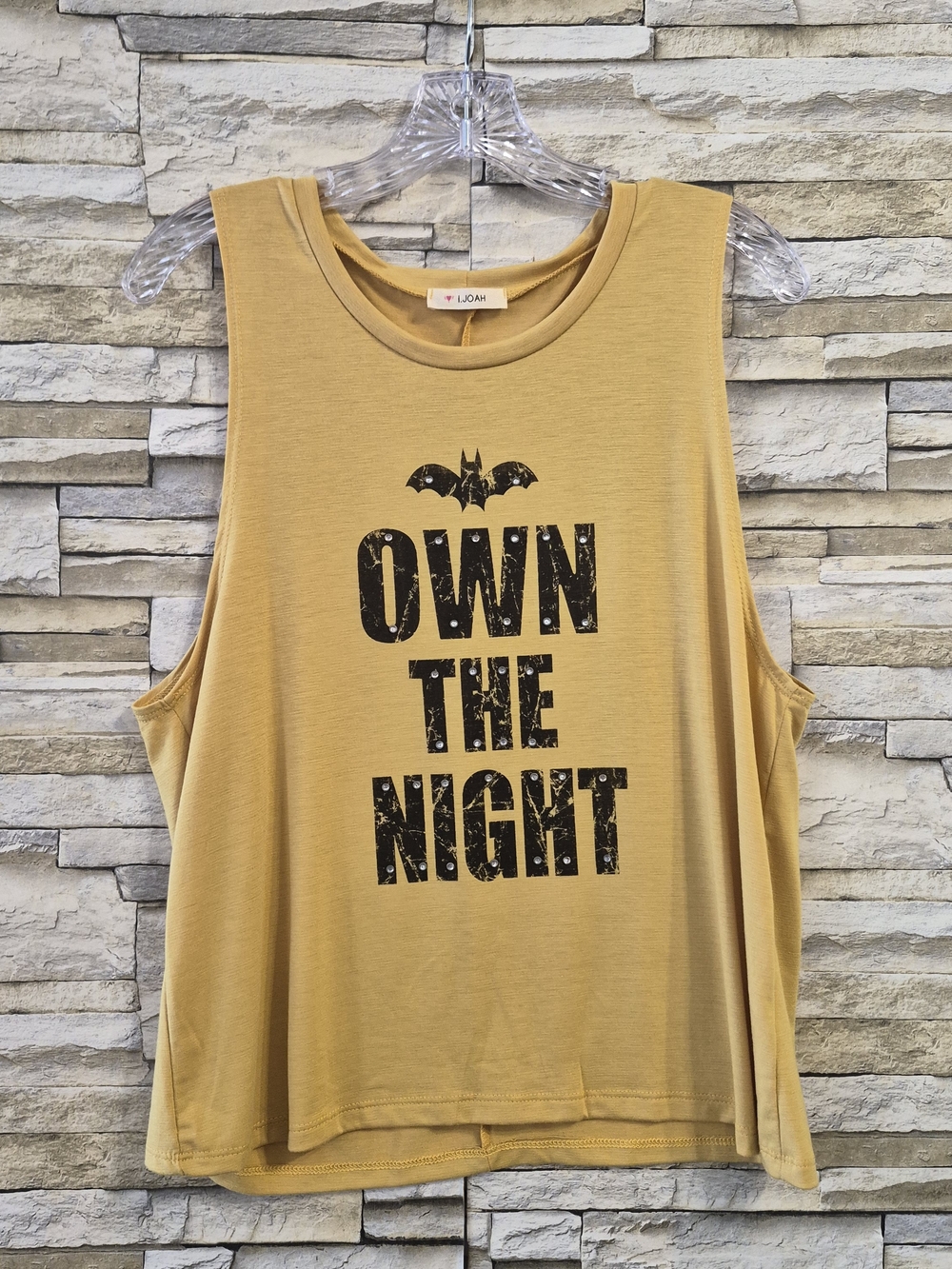 I.JOAH Own The Night Graphic Tank Top Women M Yellow Bat Rhinestone Distressed